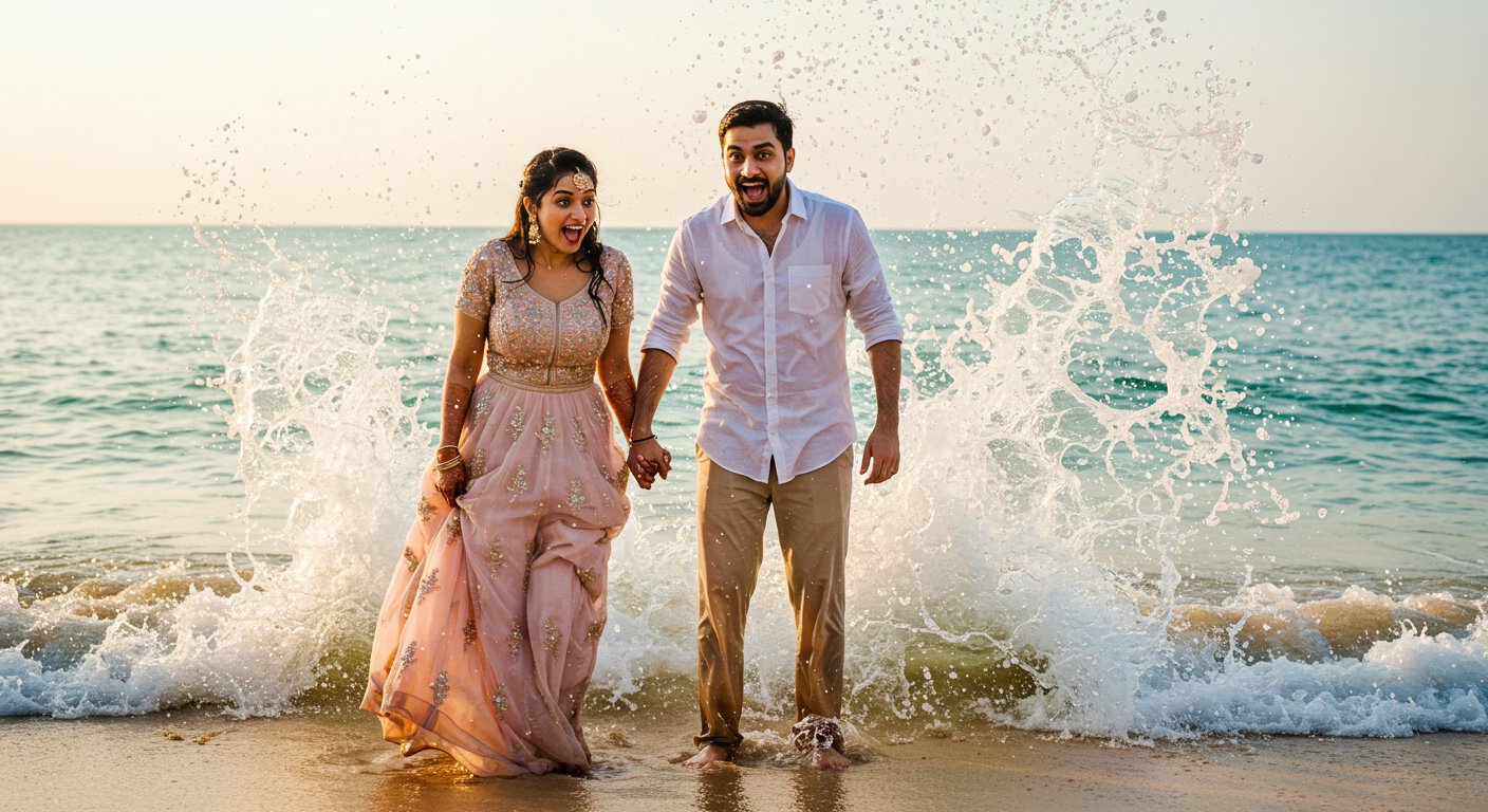 प्री-वेडिंग शूट में समुद्र ने डाला रंग में भंग! बीच पर दूल्हा-दुल्हन के साथ हुआ ये अनोखा हादसा