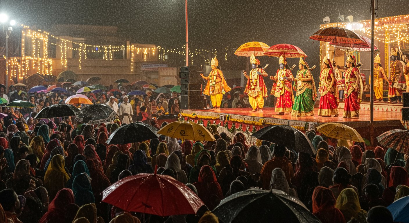 Ramnagar Ramlila 2025: Faith Unshaken by Rain, Characters Under Umbrellas, Spectators Watched Leela with Umbrellas.
