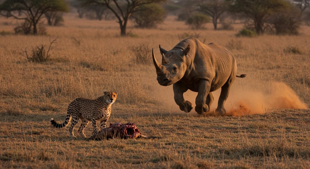 Rhino's Gaze on Cheetah's Hunt: Game Turns as It Nears, Video Will Stun You!