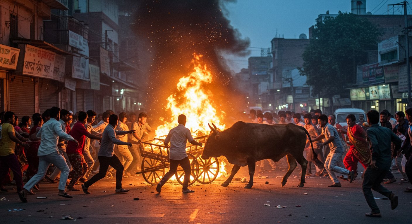 यूपी में बेकाबू सांडों का कहर: ठेला पलटा, लगी भीषण आग, दहशत में भागे लोग