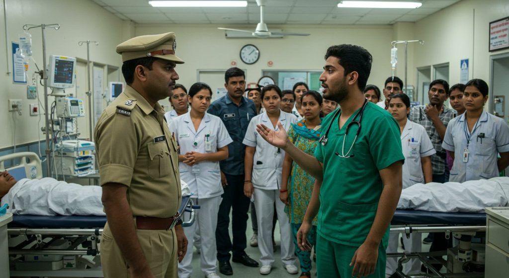 Major Row at SN Medical College: Outpost In-charge Misbehaves with Junior Doctor, Huge Commotion in Emergency.