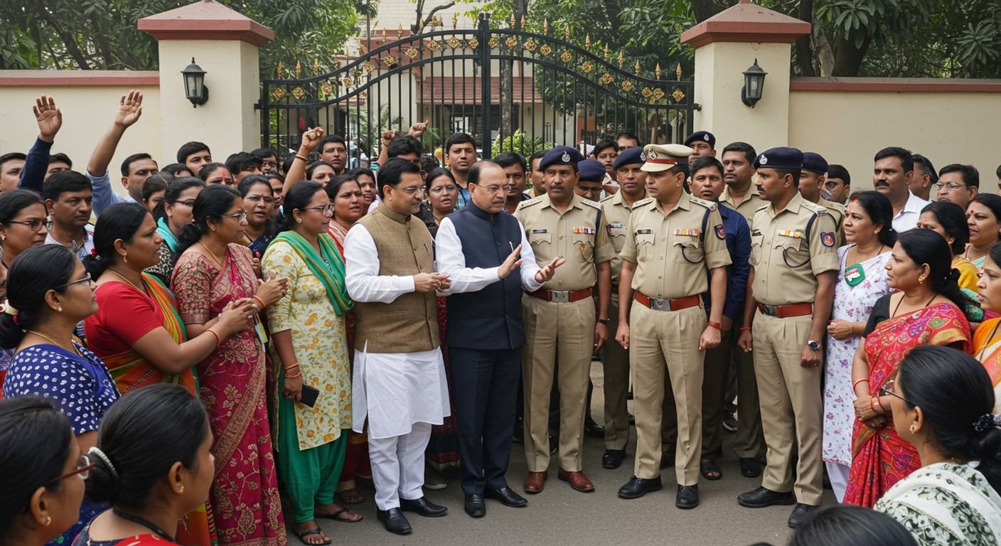 संभल में शिक्षा राज्यमंत्री के घर के बाहर शिक्षकों का प्रचंड हंगामा: DM-SP से तीखी नोकझोंक के बाद धरना स्थल बदला