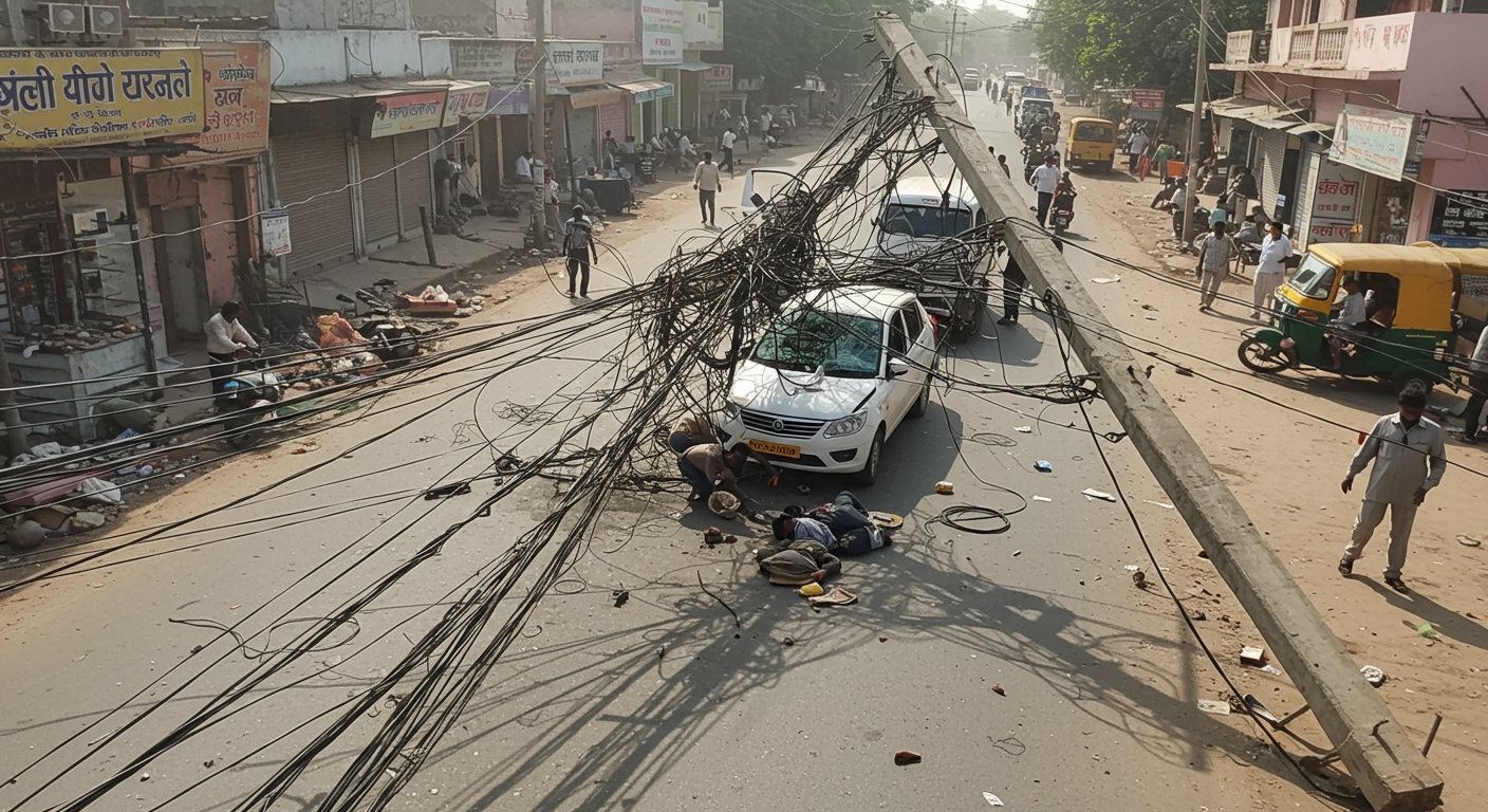 Major Accident in Shahjahanpur: ADM's Car Entangled in Power Line, Pole Bends, Two Laborers Seriously Injured