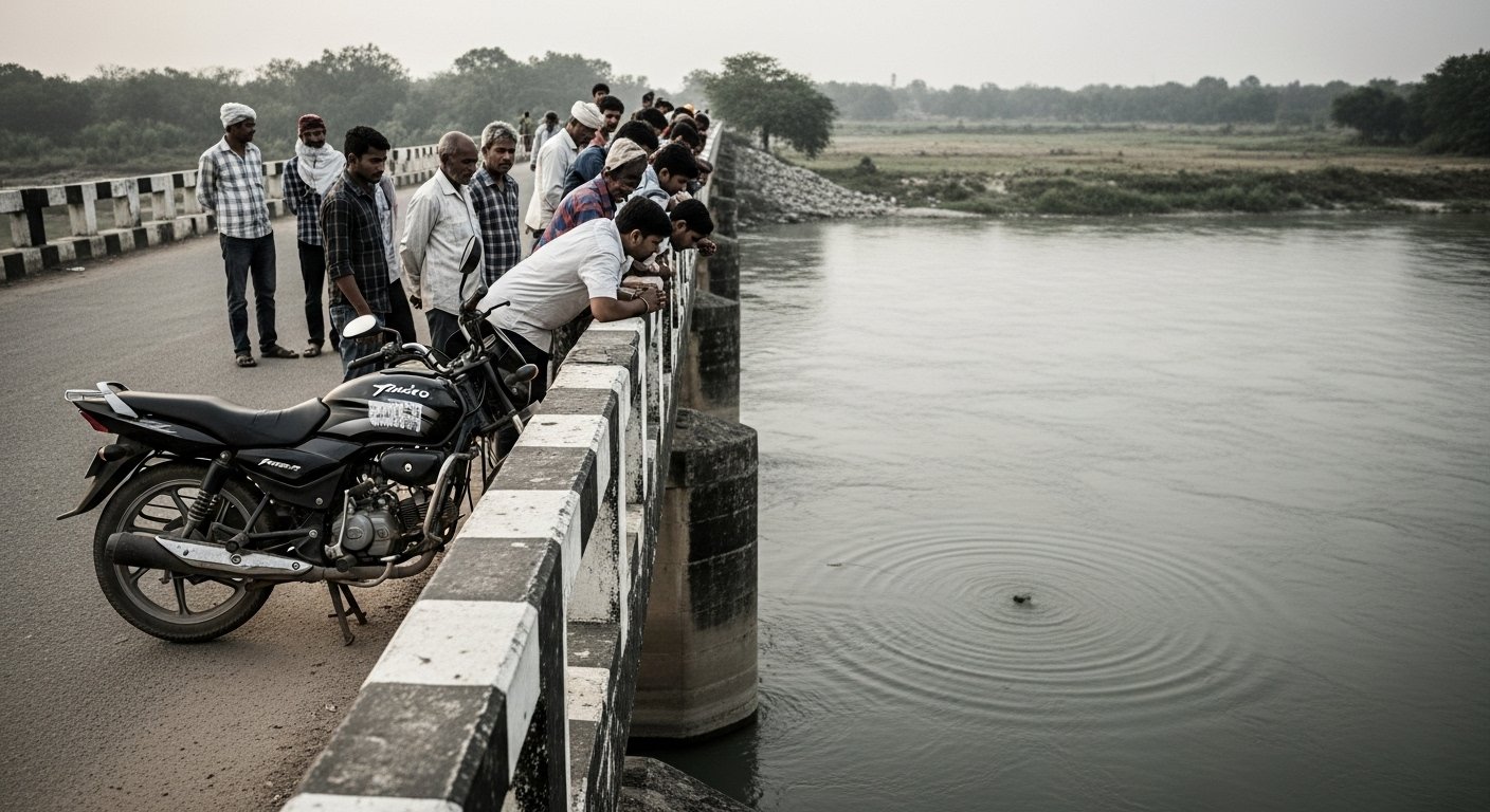 Shahjahanpur: Youth parks bike on bridge, writes mobile number on tank and jumps into river; creates stir in area.