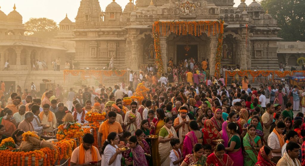 Sharadiya Navratri begins grandly today; massive crowds of devotees throng goddess temples; tight security and arrangements in place.