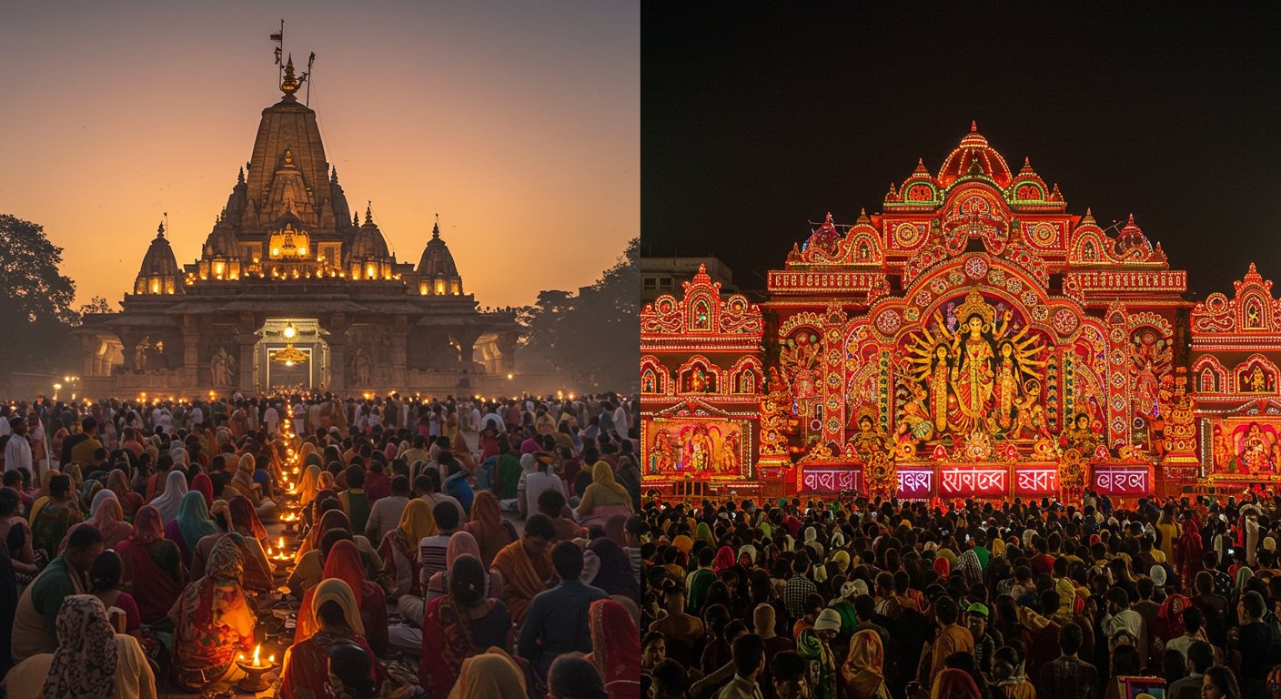 शारदीय नवरात्र का भव्य शुभारंभ: नैना देवी मंदिर में भोर से उमड़े भक्त, कोलकाता के पंडालों में बांग्ला भाषा की अद्भुत झांकी