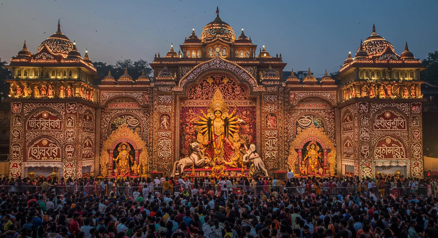 Shardiya Navratri: Naina Devi Gates Open at 2 AM; Thousands Throng Mirzapur's Vindhyavasini Dham; Kolkata Pandals Adorned with Bengali Language Theme