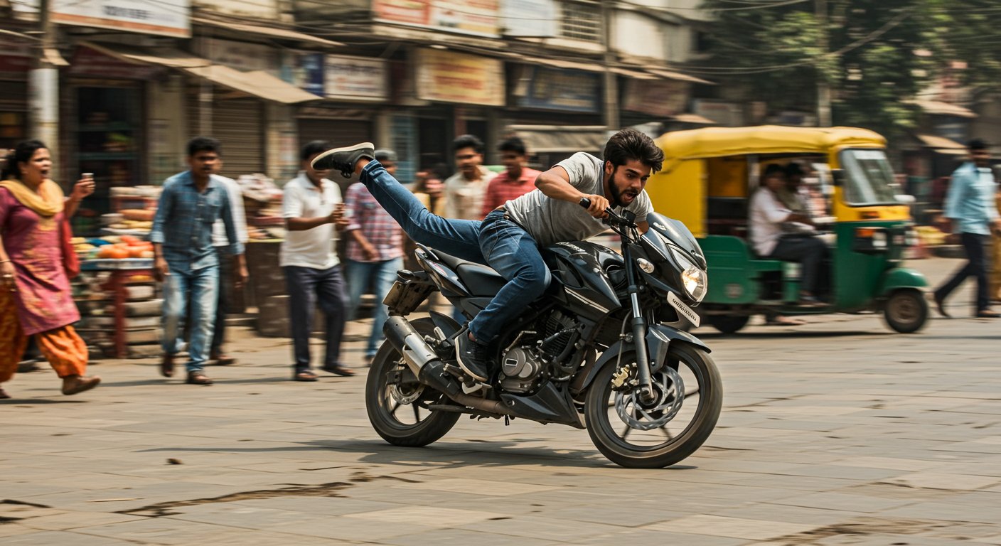 फुटपाथ पर ‘तीसमार खां’ बनने चले बाइक सवार का बिगड़ा संतुलन, वीडियो हुआ वायरल