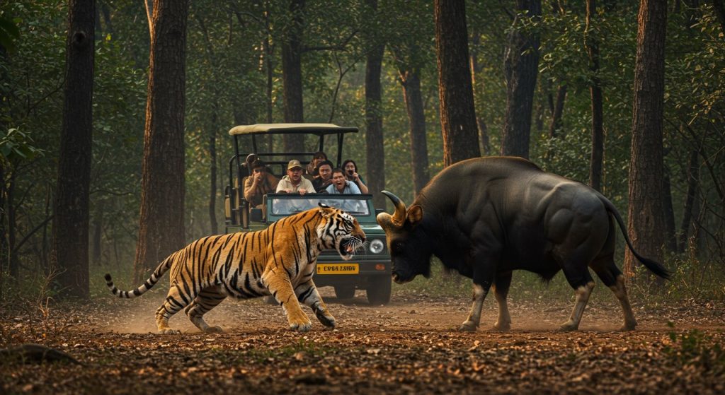 Bloody Battle in the Jungle: Tiger and Massive Gaur in Fierce Clash Before Tourists, Video Viral!