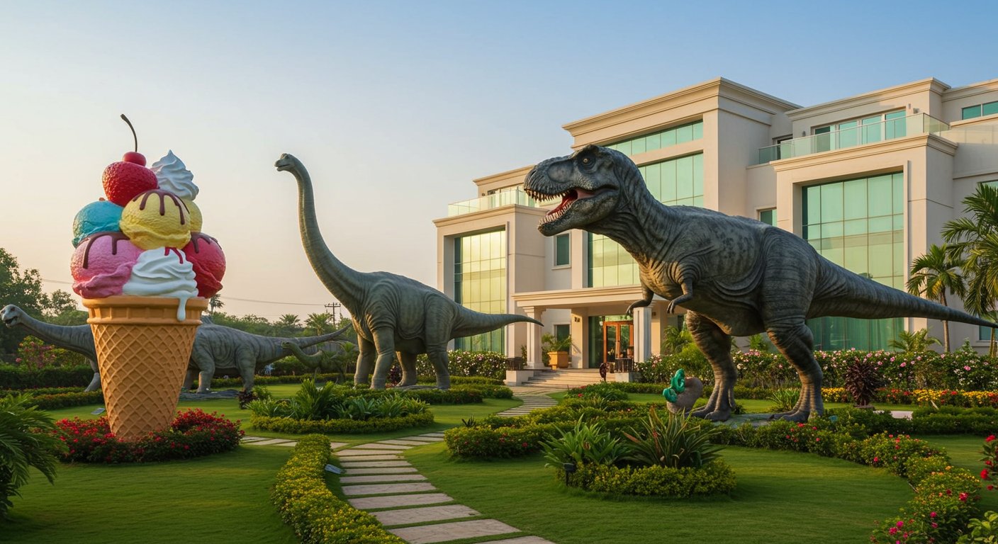 Unique Bungalow Goes Viral: Dinosaurs and Giant Ice Cream in the Garden Stunned All!