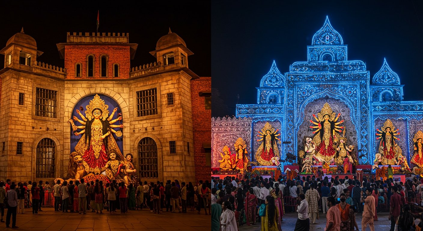 कोलकाता के पंडालों में ‘आजादी’ की गूँज: कहीं सेल्यूलर जेल का प्रतिरूप, तो कहीं इस्पात से दिव्य दुर्गा मंडप