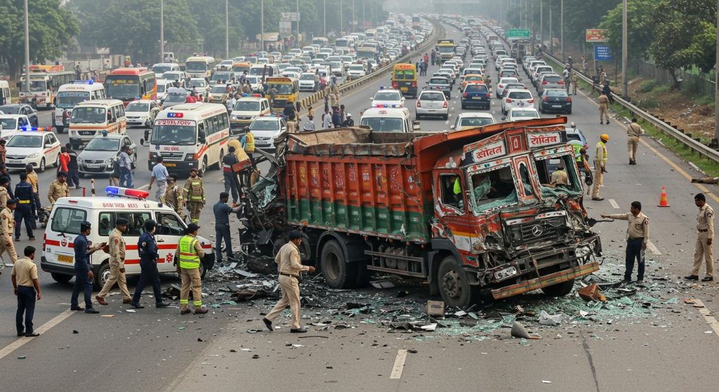 Horrific Accident on Unnao Expressway: Trailer Crushes Truck, Three Tragically Killed, One-Hour Jam
