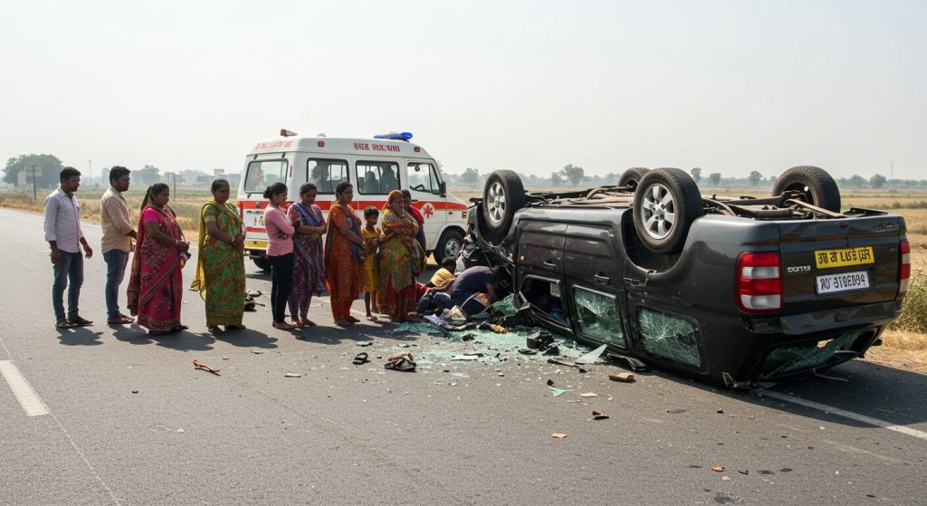 Horrific Accident on UP Highway: Scorpio Overturns After Tire Burst, Eight Including Child Injured; Relatives Were Following Ambulance Carrying a Corpse