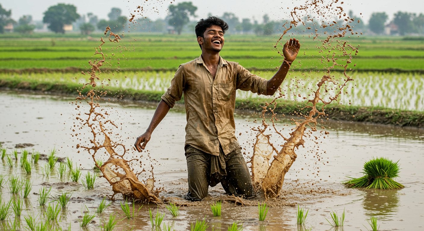 Such a 'dance bug' bit a boy transplanting rice in a paddy field that his video abandoning work to groove went viral!
