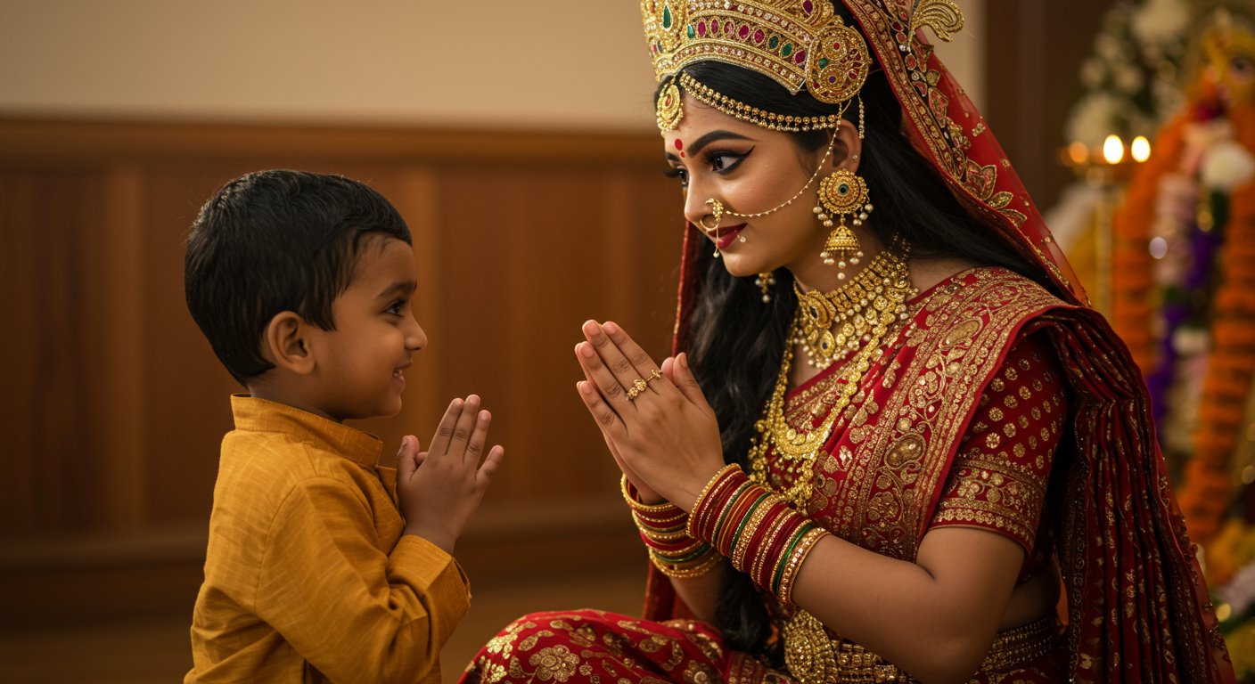 मां दुर्गा के वेश में महिला को देख नन्हे बालक ने जोड़े हाथ, भक्ति से भरा यह वीडियो हुआ वायरल
