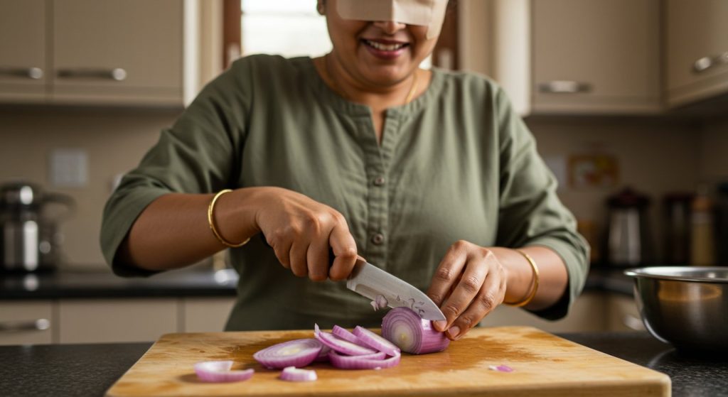 Woman Cuts Onions With Tape Over Her Eyes, Video Goes Viral! People Say - "This Talent Should Not Leave India"
