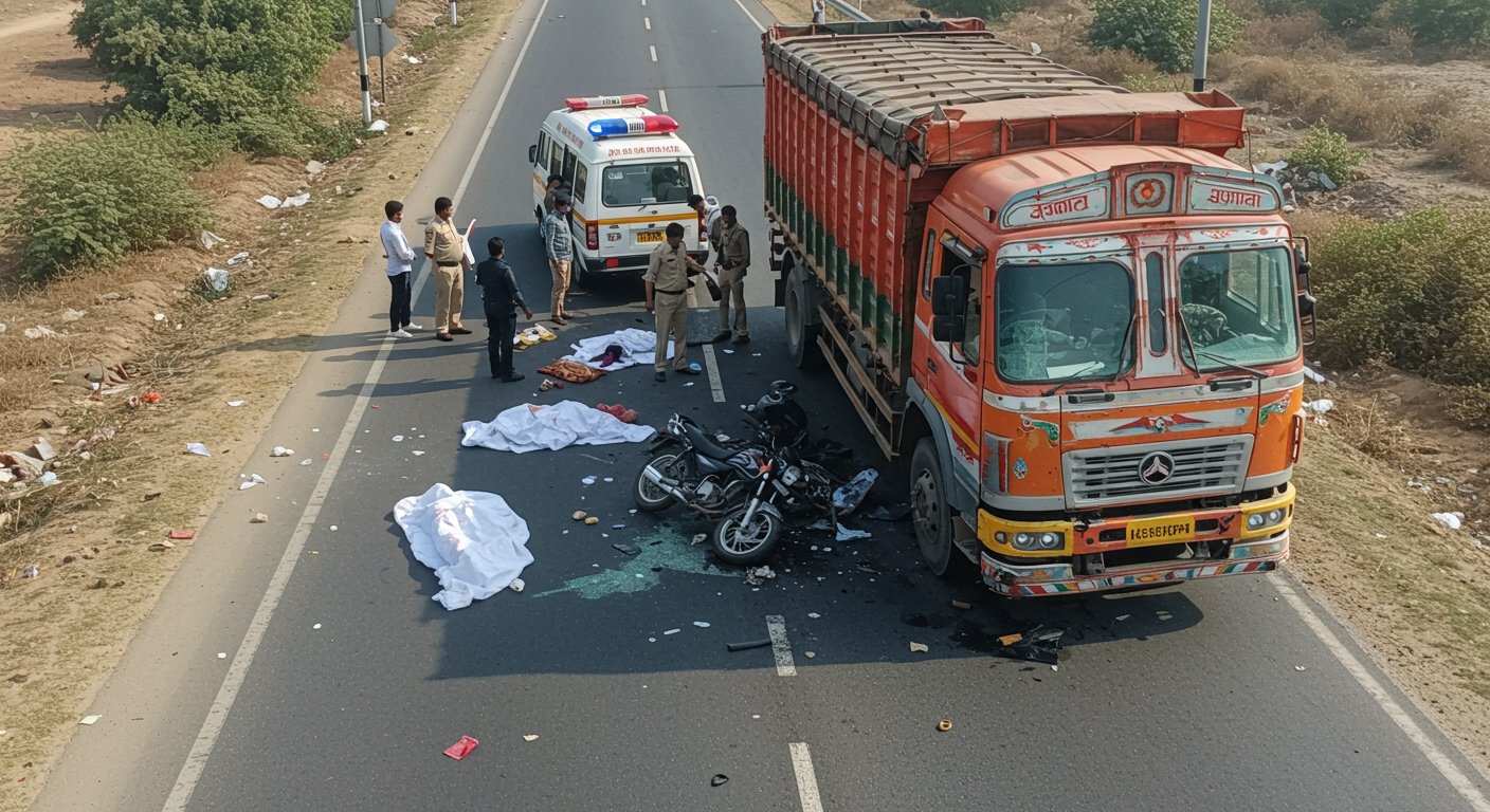 अलीगढ़ में दर्दनाक हादसा: ट्रक में फंसी बाइक, दो मजदूरों की मौत, एक गंभीर घायल