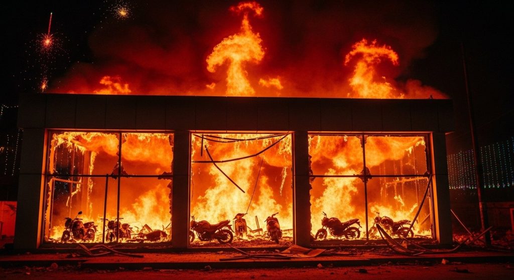 Aligarh: Devastating Fire Guts Bike Showroom on Diwali Night; Four Vehicles, Lakhs Worth of Goods Destroyed