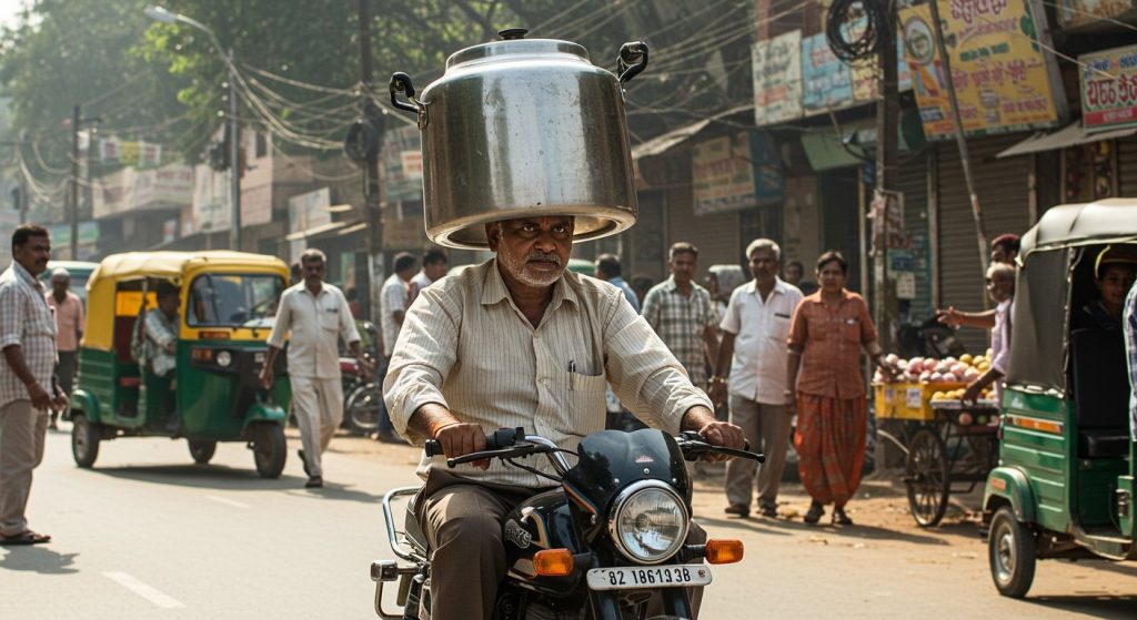 Incredible Jugaad! Unable to find a helmet, a man wore something on his head, and his video went viral; people called him 'Desi Engineer'!