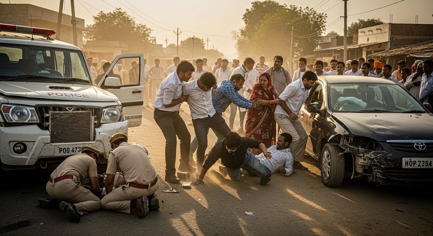 अमरोहा में सनसनीखेज घटना: लूट कर भाग रहे बदमाशों ने पुलिस वाहन में मारी टक्कर, एक पुलिसकर्मी घायल, ग्रामीणों ने तीन लुटेरों को पकड़ा