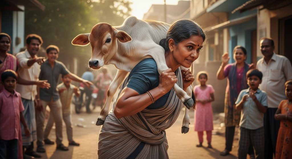 Aunty displays incredible strength carrying a calf on her back; viral video leaves people astonished!