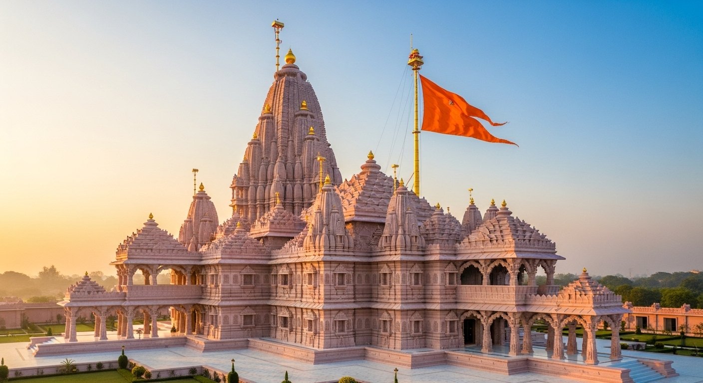 अयोध्या में ऐतिहासिक पल: श्रीराम जन्मभूमि में भव्य मंदिरों का निर्माण पूरा, ध्वजदंड और कलश स्थापित