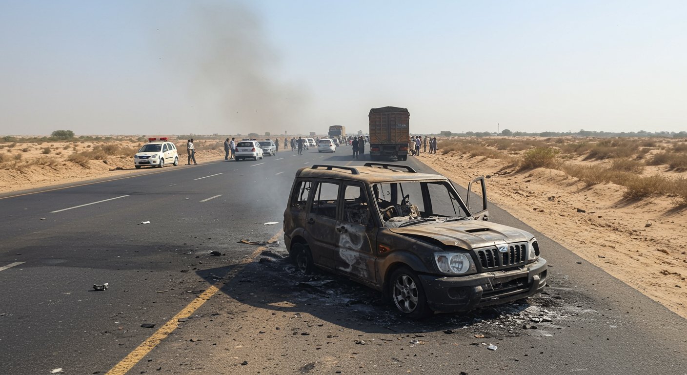 भास्कर अपडेट्स:राजस्थान में स्कॉर्पियो में जिंदा जले 4 दोस्त: ट्रेलर से भिड़ंत के बाद लगी थी आग, हाईवे जाम