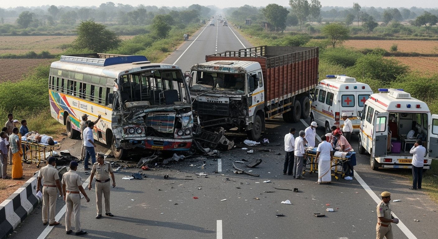 कर्नाटक में भीषण सड़क हादसा: बस-ट्रक की टक्कर में दो की मौत, 12 घायल