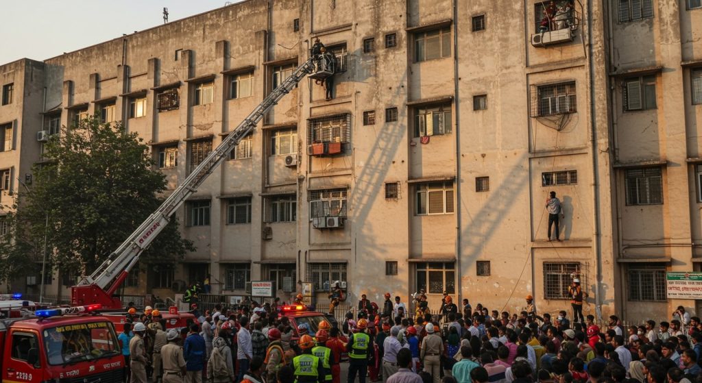 Man climbs on Delhi's Sanjay Gandhi Hospital building, hours-long rescue operation.
