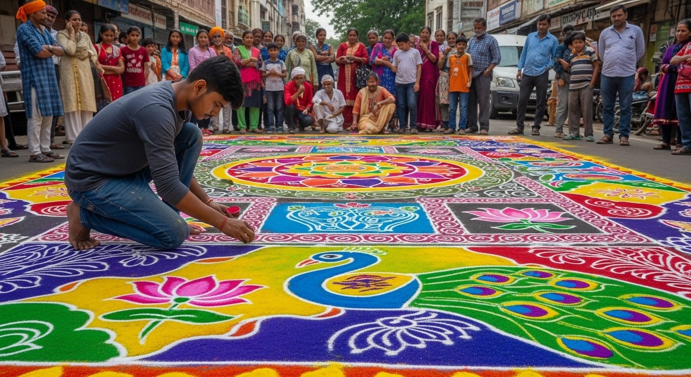 लड़के ने बीच सड़क पर बनाई कमाल की रंगोली, वीडियो वायरल होने पर लोग हुए हैरान!