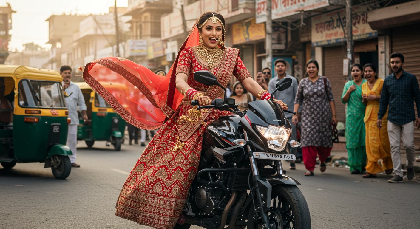शादी का जोड़ा पहनकर बाइक पर निकली दुल्हन, सड़क पर मचाया धमाल, देखने वाले रह गए दंग!