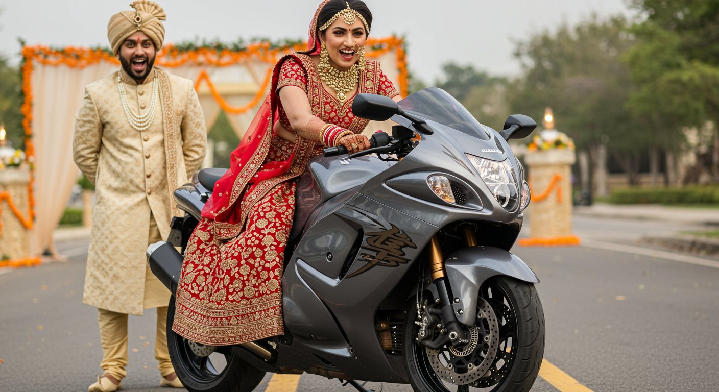 लाल जोड़े में Hayabusa पर निकली दुल्हन, वीडियो देख दूल्हा भी चौंक गया! शादी में दिखा जबरदस्त अंदाज़!