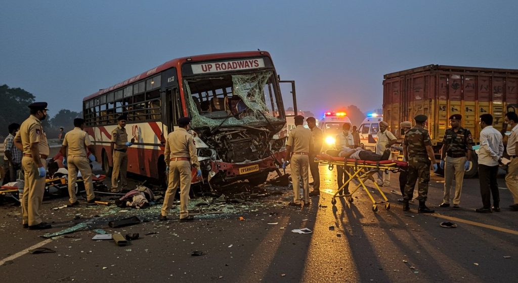 Horrific Accident in Badaun: Roadways Bus Crashes Into Parked Truck on Highway; ITBP Jawan, Driver Among Two Dead, Nine Injured
