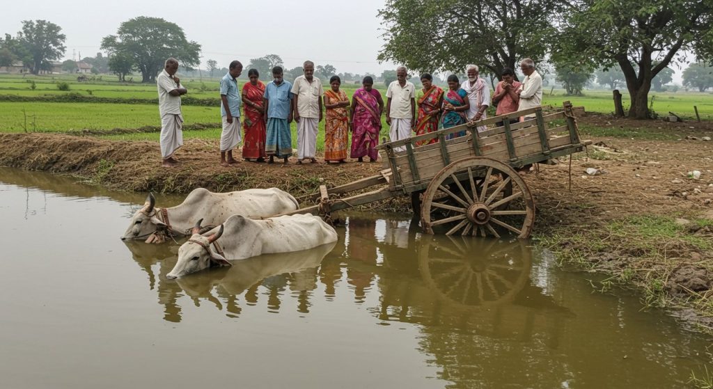 UP: Out-of-control bullock cart plunges into pond, tragic death of father, son, and bulls causes uproar