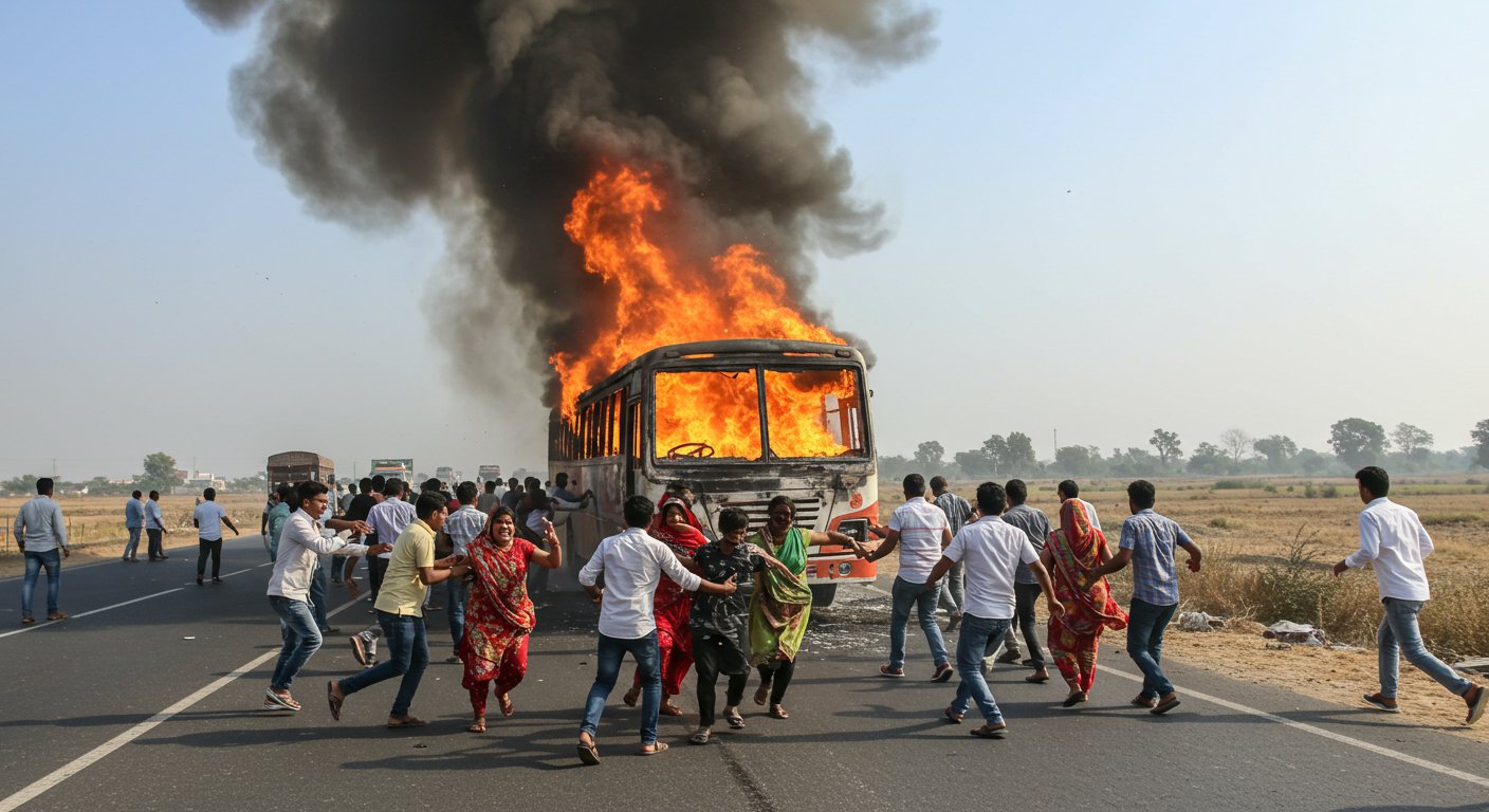 आगरा-दिल्ली हाईवे पर धू-धू कर जली दौड़ती बस, तीन यात्री झुलसे; यात्रियों में मची चीख-पुकार