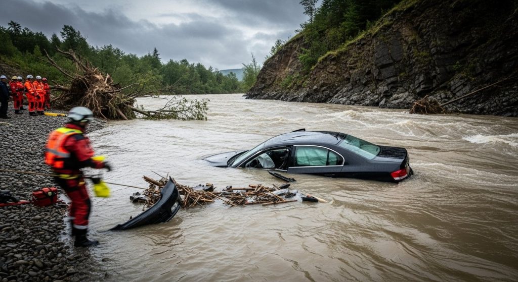 Businessman's Car Plunges into River: Mother Tragically Dies, Couple and Two Children Injured While Returning from Pilgrimage
