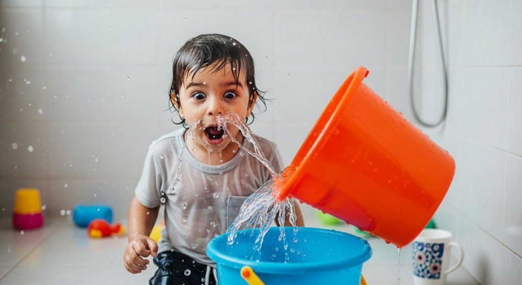 Something happened to a child playing with water in the bathroom; people rolled with laughter after watching the video!
