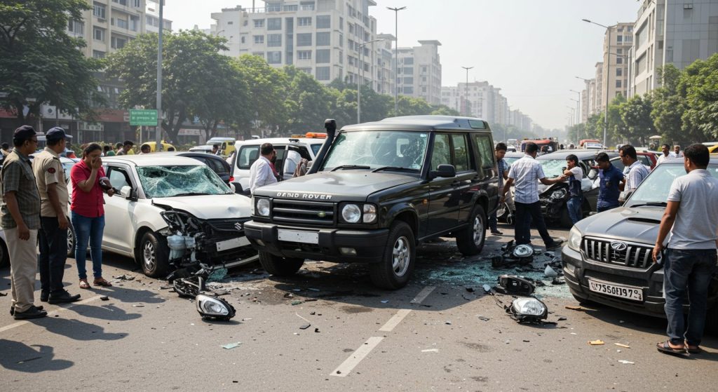 Noida: Speeding Defender Rams Into 6 Vehicles, Including Swift and Scorpio; Many Severely Damaged, Dozen Injured