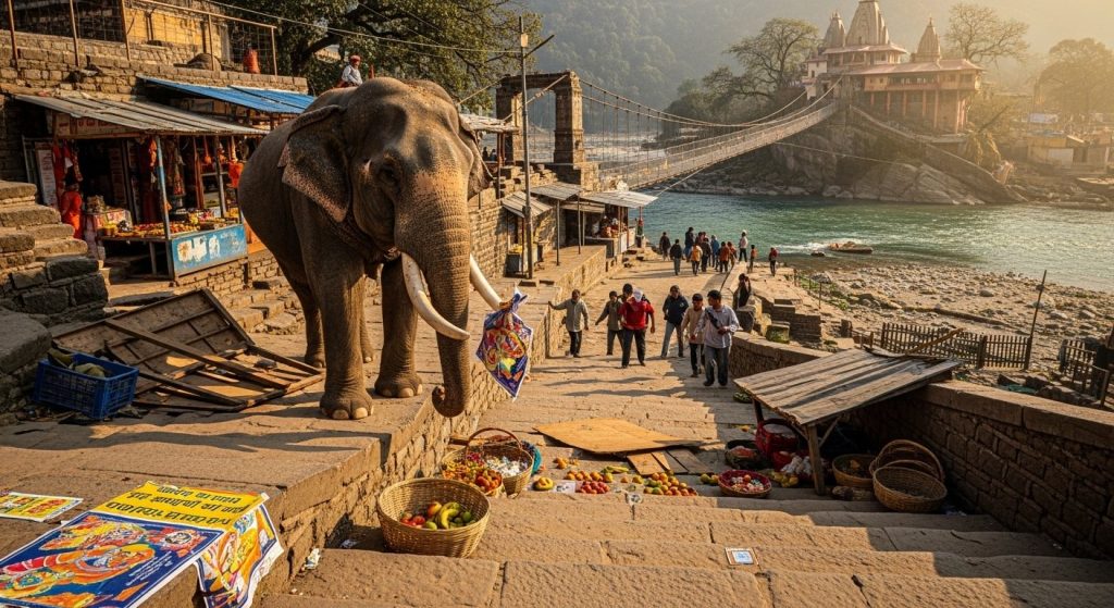 Elephant Climbs 40 Steps at Nainital's Garjiya Temple: Reaches Bridge, Breaks Shops, Tears Posters, Roams for 2 Hours