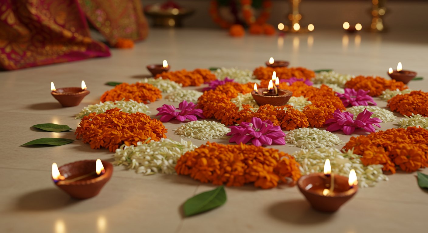 दीपावली पर फूलों की रंगोली से बढ़ाएं घर की शोभा: देखें 5 आसान और सुंदर डिजाइन