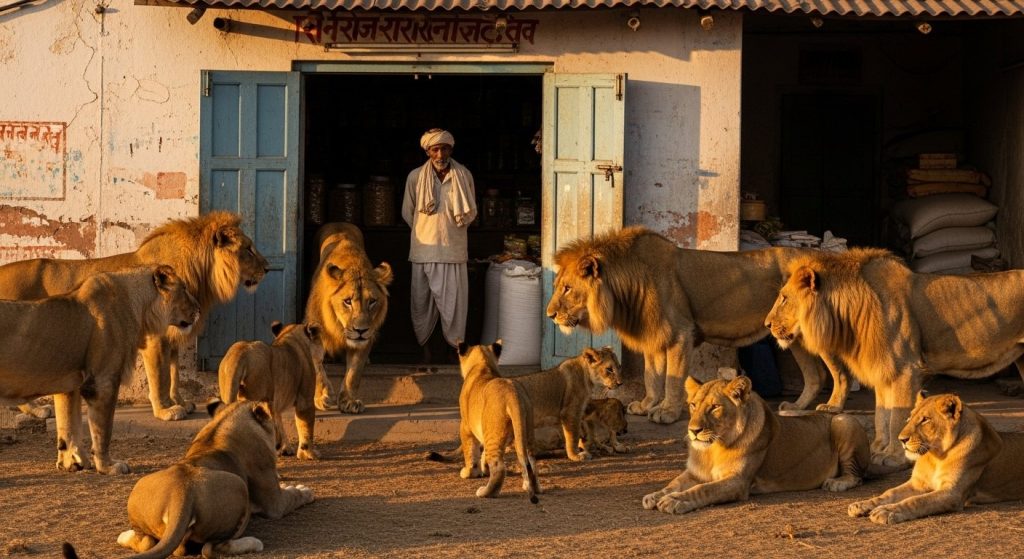 11-Lion Family From Gir Reaches Shop; Shopkeeper's Presence of Mind Works Wonders!