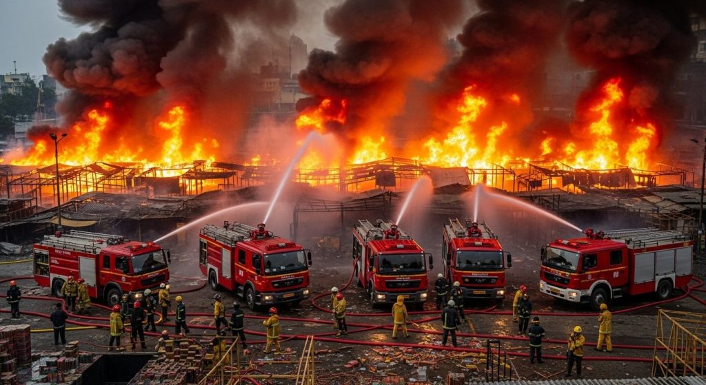 Fatehpur: Massive Fire Engulfs Lodhi Ganj Firecracker Market; Millions in Damages; 6 Fire Tenders Tackle Blaze, Rescue Operations Underway