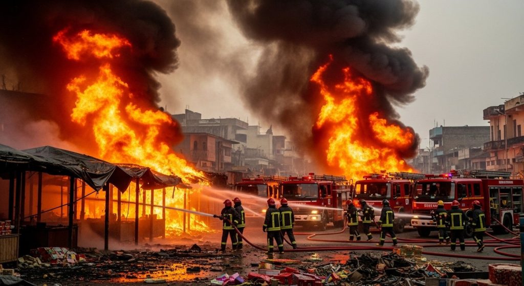 Massive fire in Fatehpur's Lodhi Ganj firecracker market: Over 5 fire tenders deployed, goods worth lakhs reduced to ashes