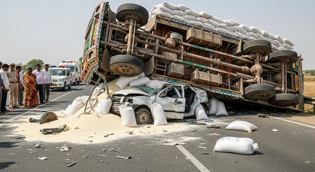 Horrific Accident in Fatehpur: Out-of-control Paddy-laden Truck Overturns on Car, Two Youths Dead, One Seriously Injured