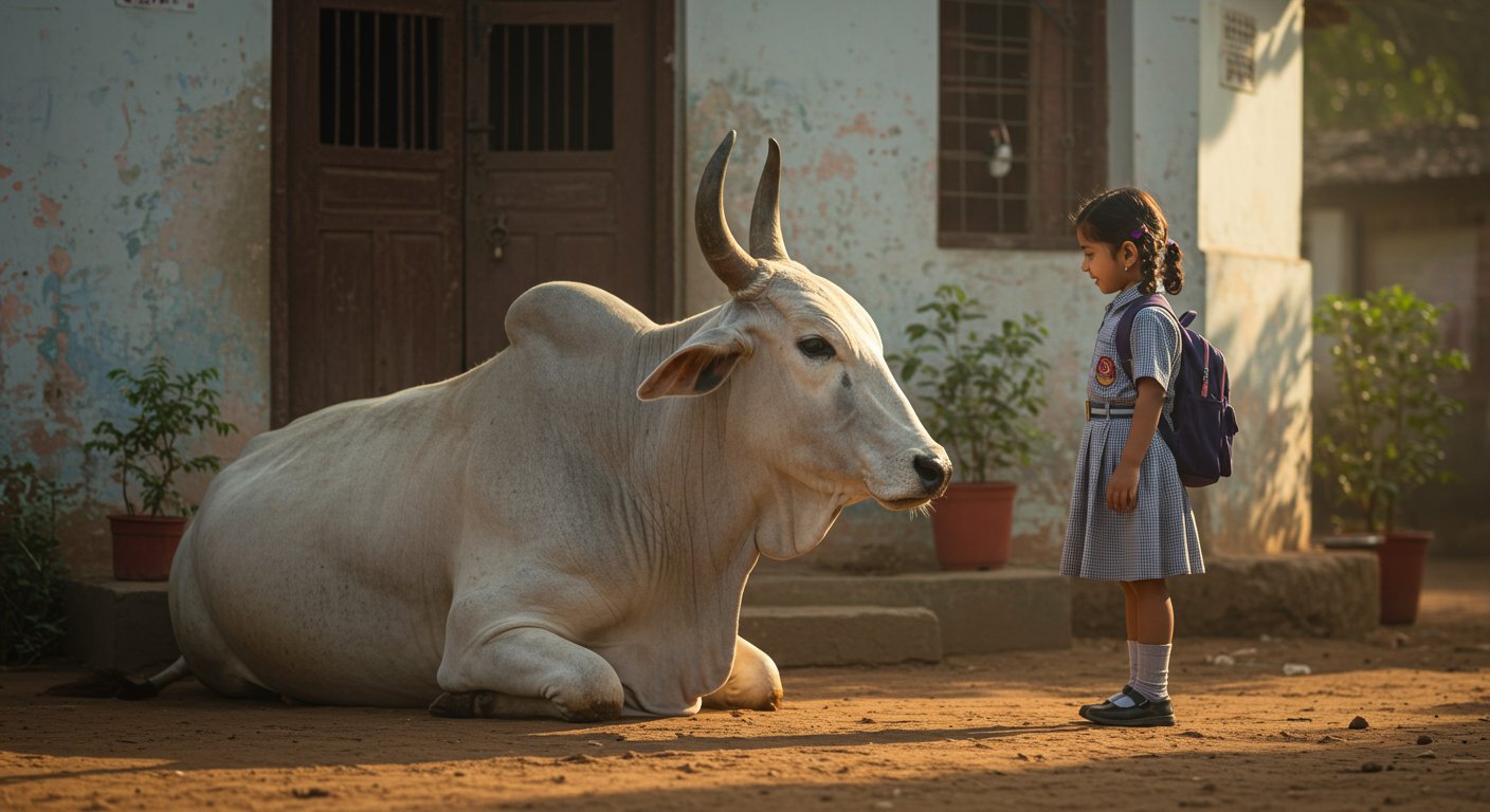 वायरल: स्कूल जा रही बच्ची ने घर के बाहर बैठे सांड से की प्यारी बातें, वीडियो देख भावुक हुए लोग