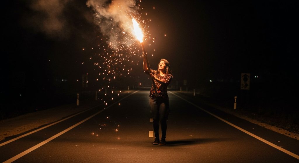 Girl in Western dress sets off firecrackers using a 'naal' on highway in the dark of night: Video goes viral!