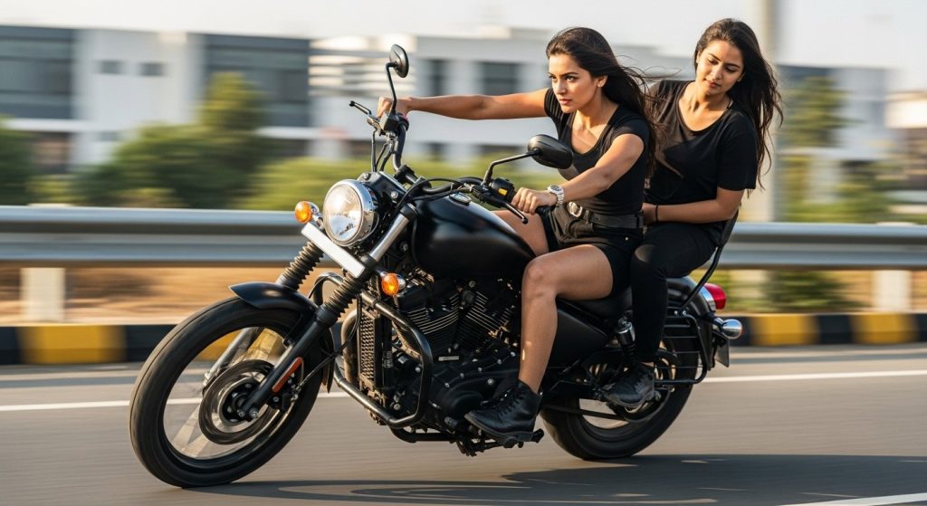 Dangerous Stunt by Girl and Friend on Bike: Black Shorts, High Handlebars, and a Startling Expression; Video Goes Viral!