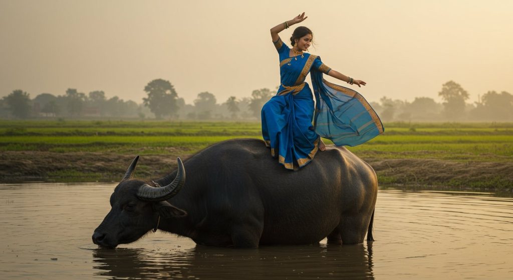 Dangerous video of a girl dancing on a buffalo's back in a saree goes viral, leaving people stunned!