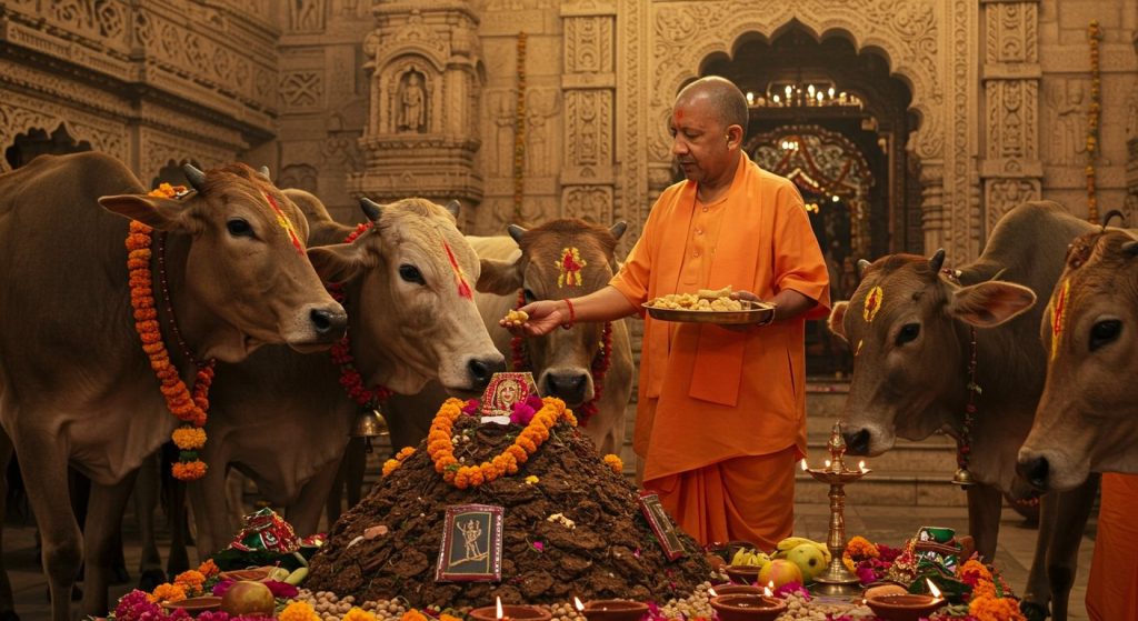 CM Yogi Performs Govardhan Puja at Gorakhnath Temple, Feeds Jaggery and Gram to Cows; Delivers Special Message