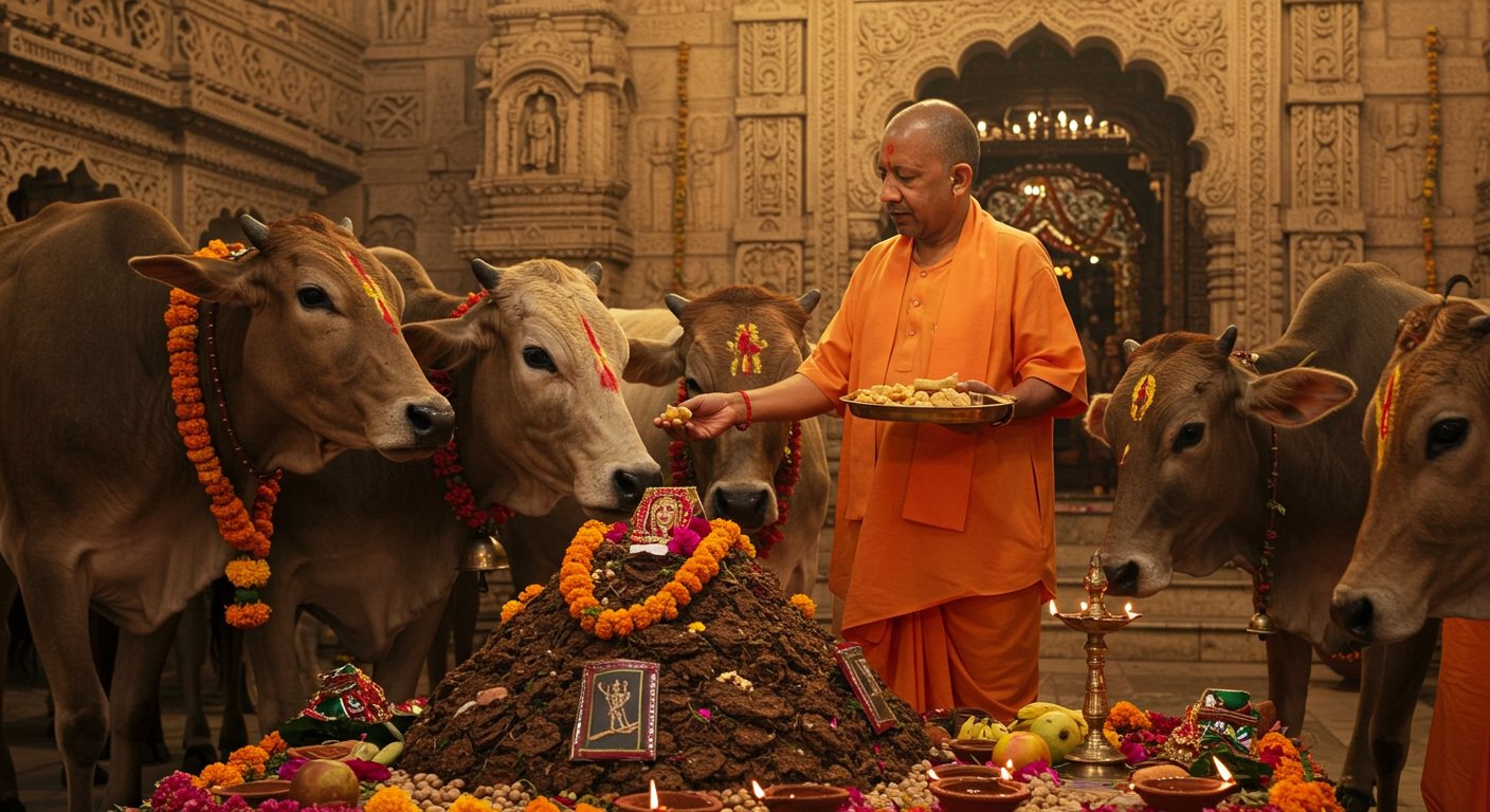 सीएम योगी ने गोरखनाथ मंदिर में की गोवर्धन पूजा, गायों को खिलाया गुड़ चना; दिया ये खास संदेश
